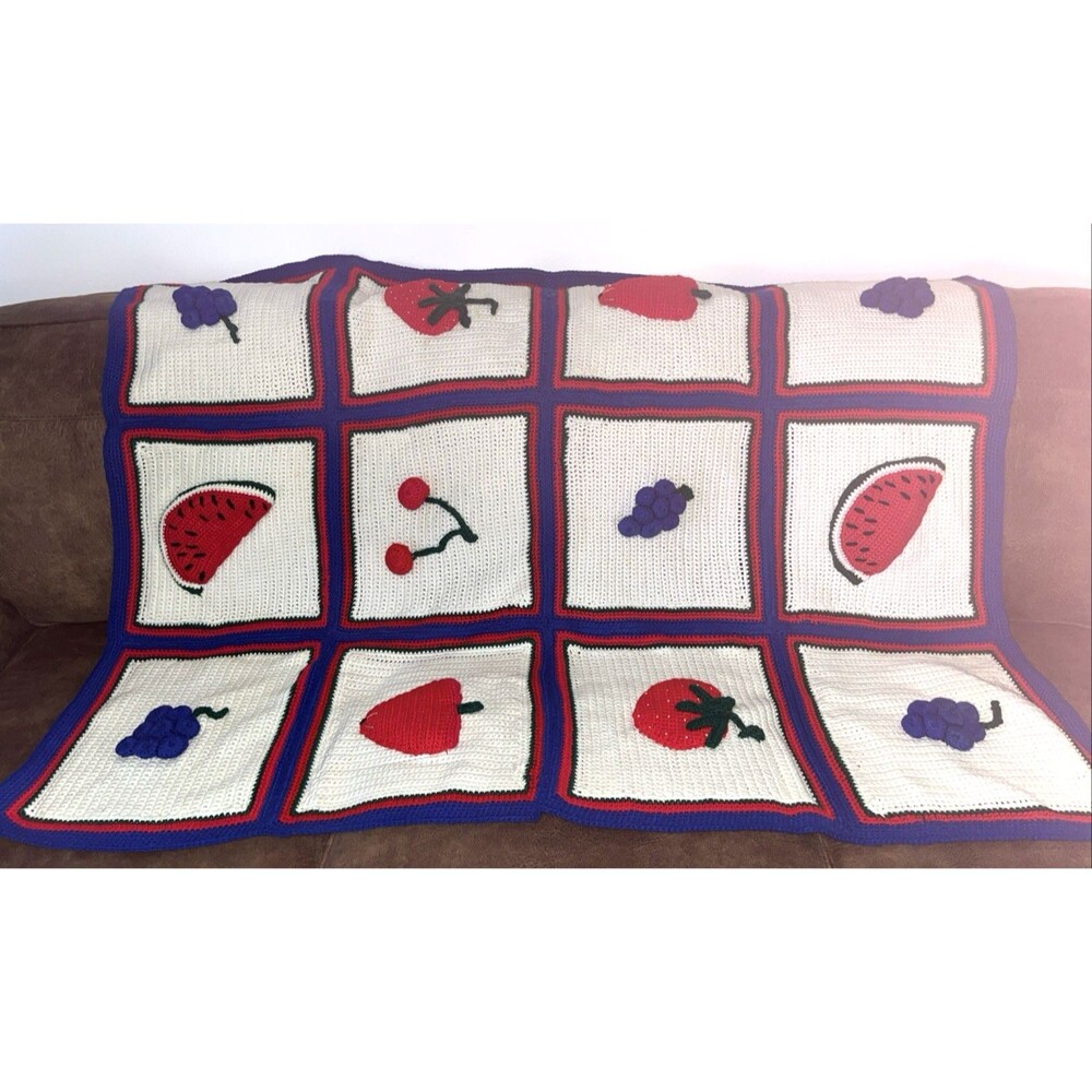 Vintage Handmade 3 Dimensional Summer Fruit Afghan Blanket 57X42 Summer Picnic
